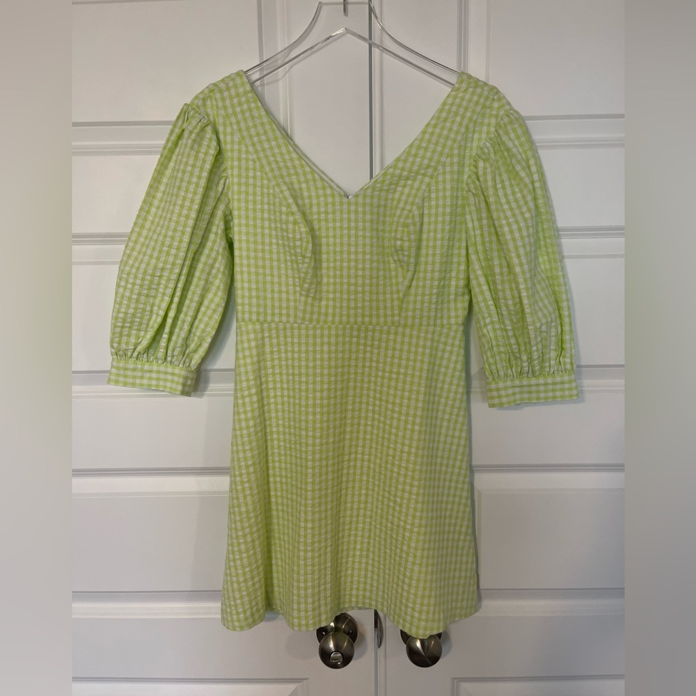 Urban Outfitters Lena lime green and white gingham print puff sleeve mini dress
